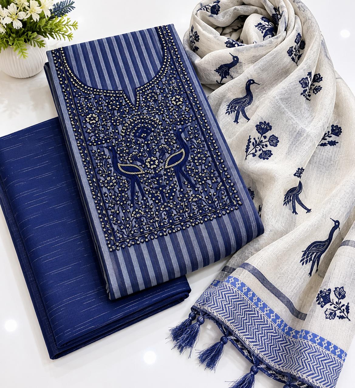 Khadi Cotton Neck Embroidery Sequence Suit